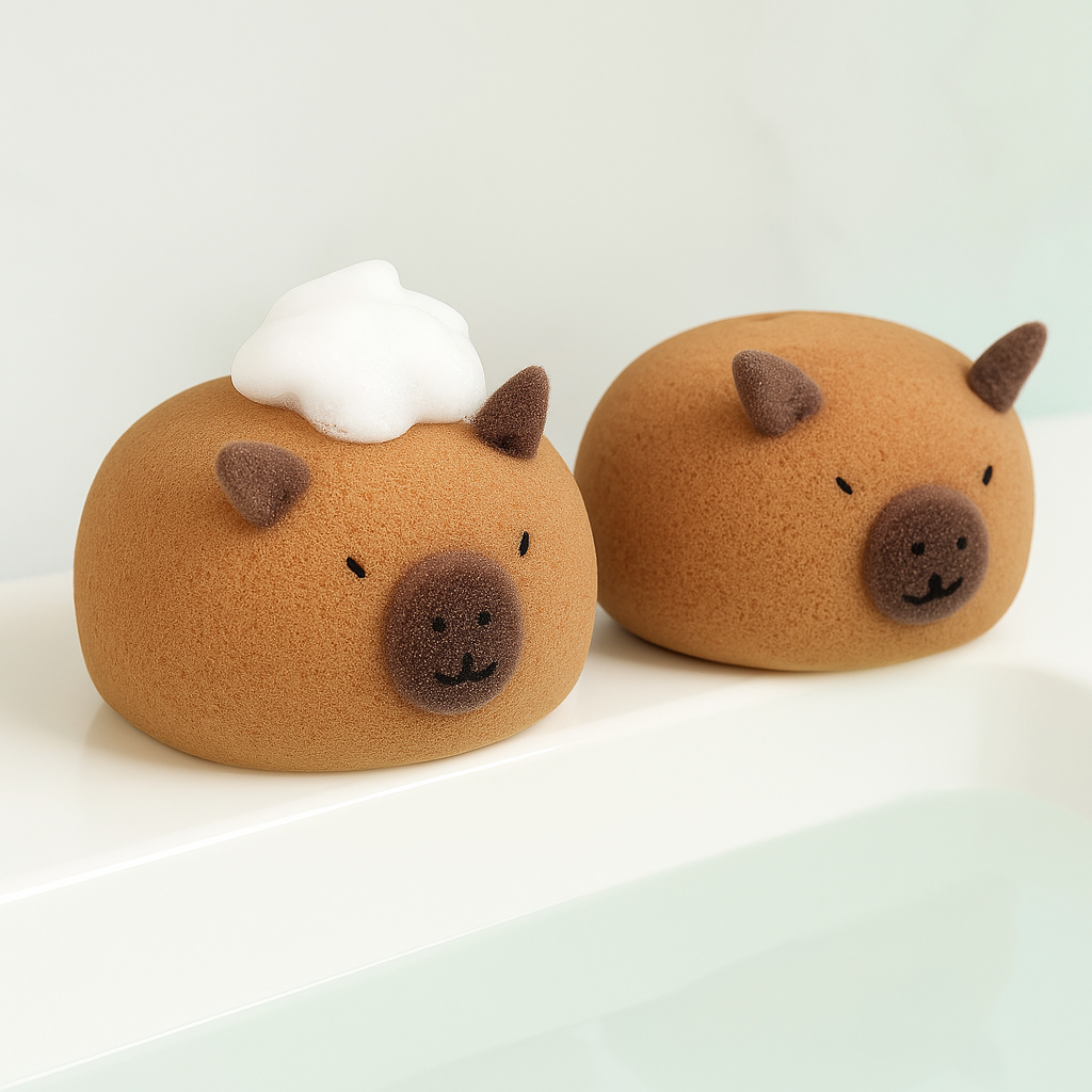 Esponja capibara suave y divertida. Genera espuma fácil, se enjuaga rápido y seca rápido. Ideal para niños y toda la familia.