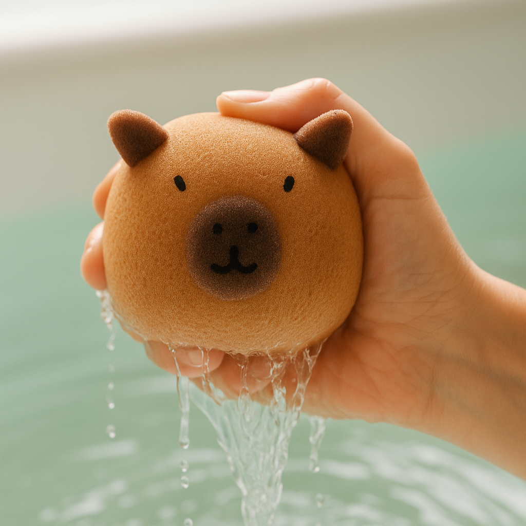 Esponja capibara suave y divertida. Genera espuma fácil, se enjuaga rápido y seca rápido. Ideal para niños y toda la familia.
