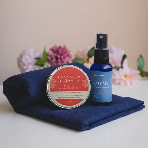 Pack Ritual Alivio y Descanso Botánica Lab con cojín de semillas y productos relajantes para aliviar dolor y mejorar el descanso.