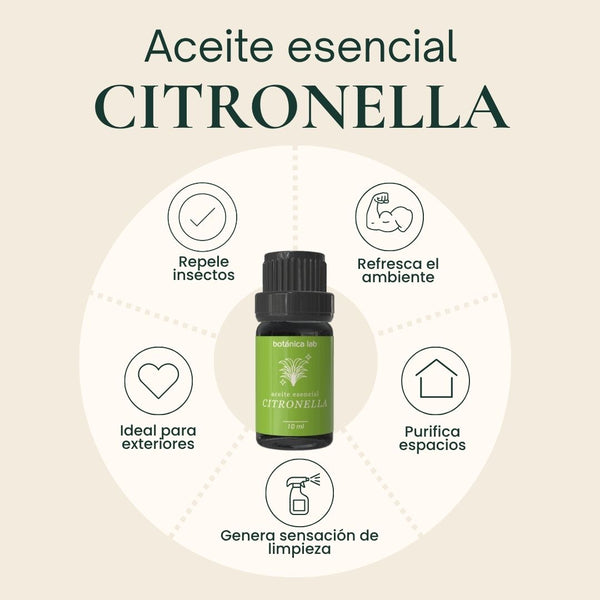 Aceite esencial de citronella Botánica Lab 10 ml para difusor, aromaterapia y repeler mosquitos naturalmente