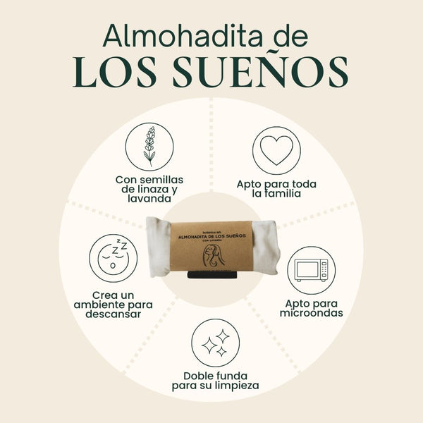 Acompaña tu rutina de sueño y relajación con la almohadita con aroma a flores de lavanda y rellena de semillas de linaza que aportan un ligero y sutil peso. Es excelente para calmar dolores de cabeza o estómago, cólicos menstruales, estrés y ansiedad. Su tamaño lo hace ideal incluso para los niños.