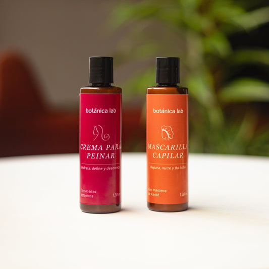 Dúo Capilar Botánico de Botánica Lab con crema de peinar y mascarilla capilar nutritiva para hidratar, reparar y definir el cabello. Ideal para todo tipo de cabello.