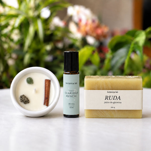 Pack Abundancia: Vela de Pirita, Jabón de Ruda y Roll-On de Menta – Botánica Lab