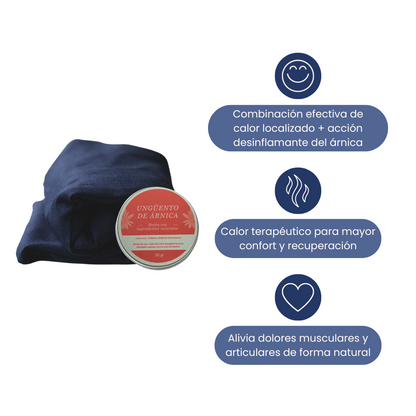 Alivia dolores musculares y articulares con el Pack ArniCare: ungüento de árnica y cojín terapéutico de semillas para microondas. Bienestar natural y efectivo.