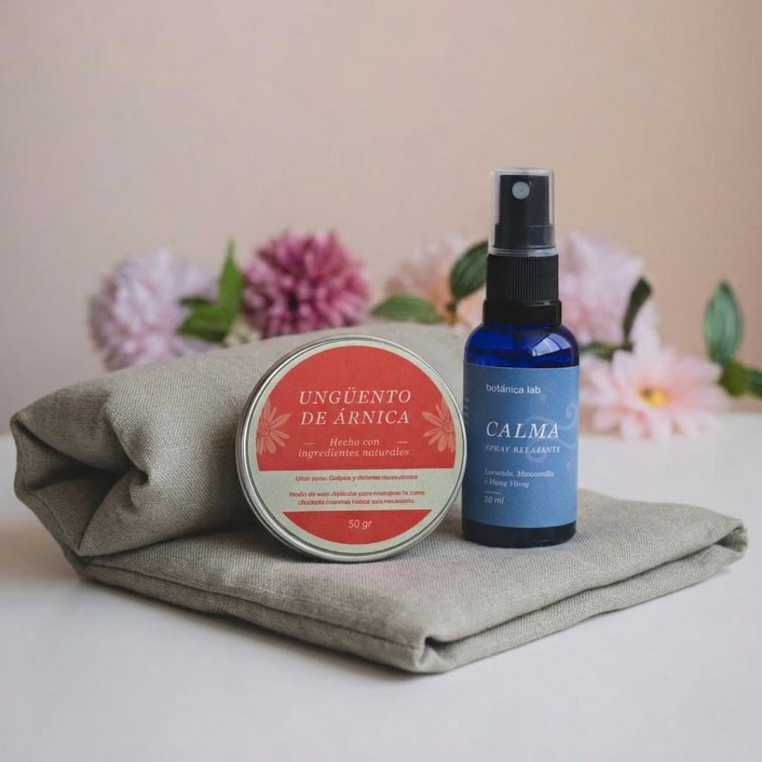 Pack Ritual Alivio y Descanso Botánica Lab con cojín de semillas y productos relajantes para aliviar dolor y mejorar el descanso.