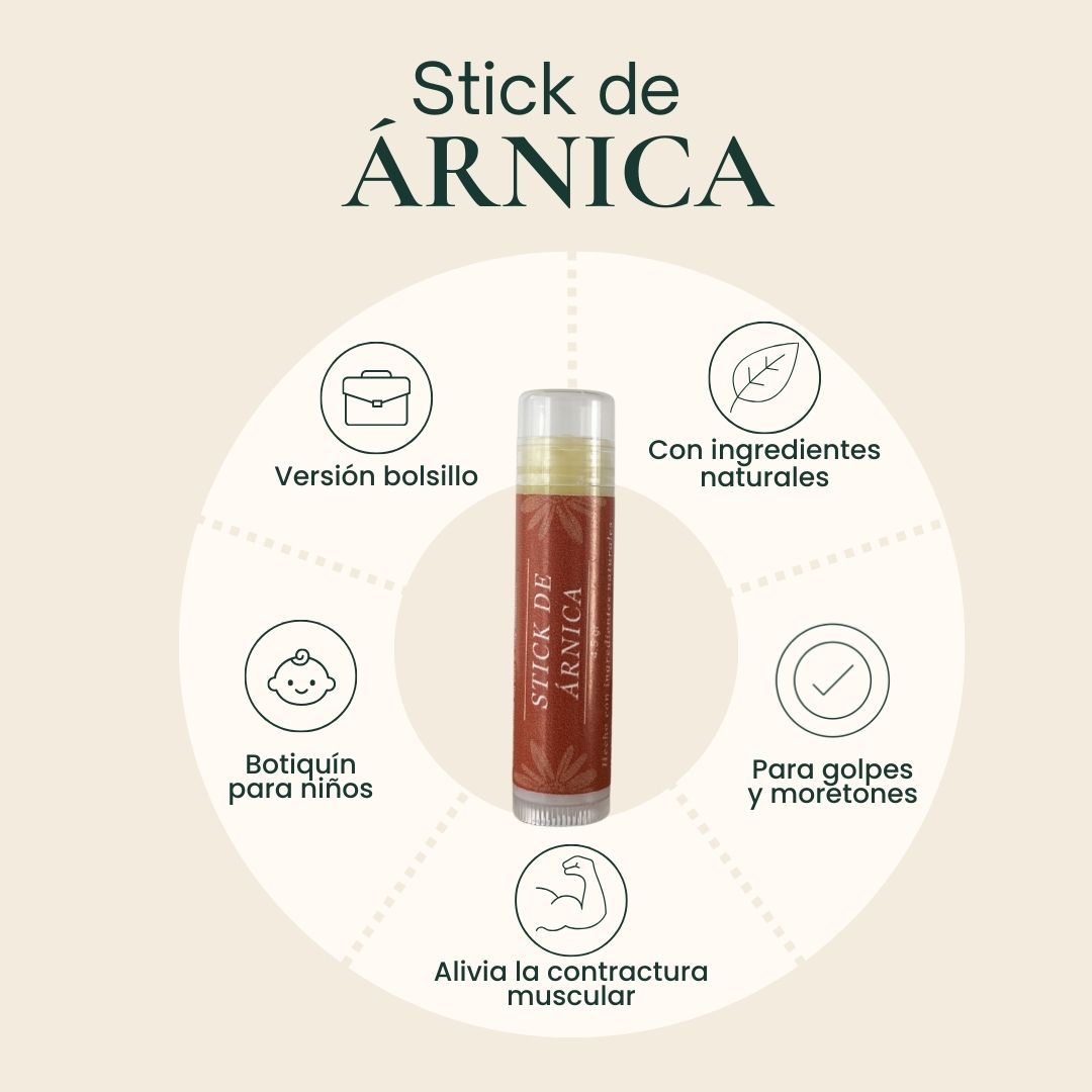 Este stick práctico y portátil está formulado con árnica, ideal para aliviar golpes, caídas, moretones, contracturas y pequeñas molestias del día a día.