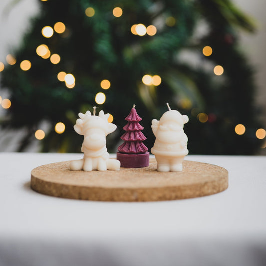 Velas navideñas de cera de soya con forma de reno, árbol guinda y Papá Noel